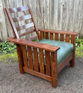  	Original L. & J. G. Stickley Handcraft Morris Chair with Slats to the Floor